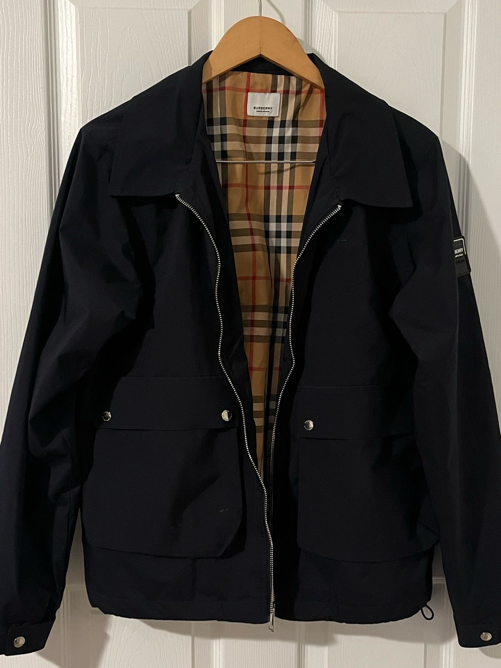 Lightweight Navy Burberry Zip Jacket with Signature Plaid Lining